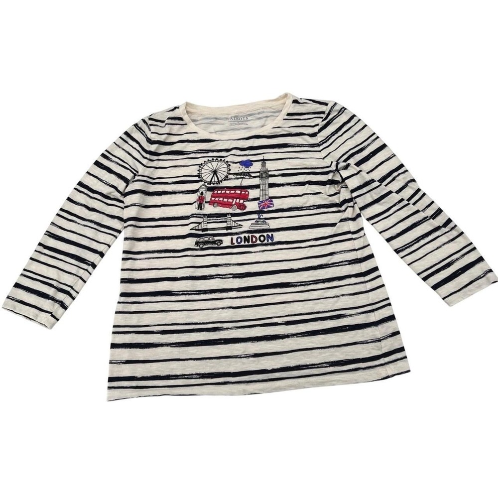 Talbots Womens Small London Graphic Striped Long Sleeve Cotton Slub Tee White